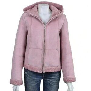 Smart Set Faux Shearling Suede Jacket Coat Sherpa Lined Hood Size Large